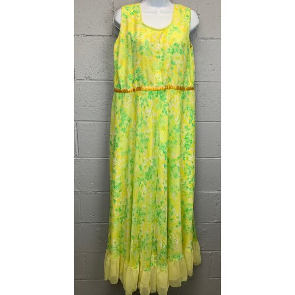 Vtg 70s Floral Chiffon Ruffled Sleeveless Gown Prom Maxi Dress XL - Picture 5 of 10
